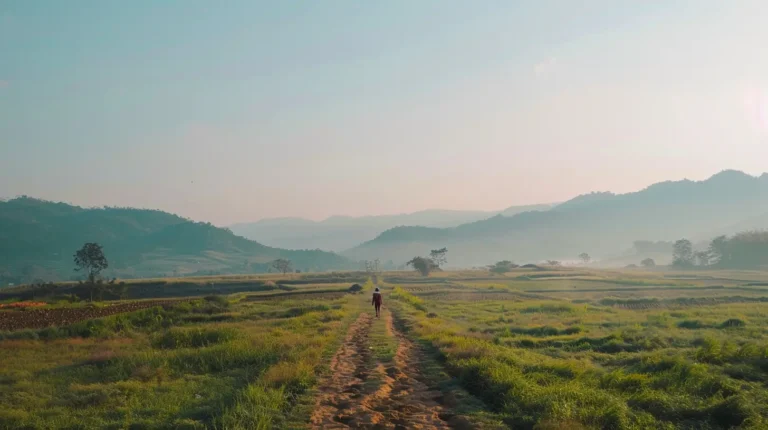 A lone person walks down a dirt path through lush green fields under a clear sky. Mist rolls over distant hills and mountains, creating a serene backdrop. Trees are scattered throughout the fields, capturing the peacefulness of the rural landscape, perfect for an AI trip planner's dream itinerary. - easytrip.ai