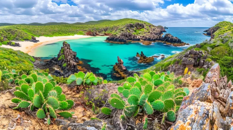 A scenic coastal landscape featuring a pristine turquoise bay surrounded by rugged cliffs and rock formations. The foreground has vibrant green cactus plants on sandy ground. Lush green hills roll into the distance under a partly cloudy blue sky. Perfect for an AI trip planner, the beach has golden sand and tranquil waves. - easytrip.ai