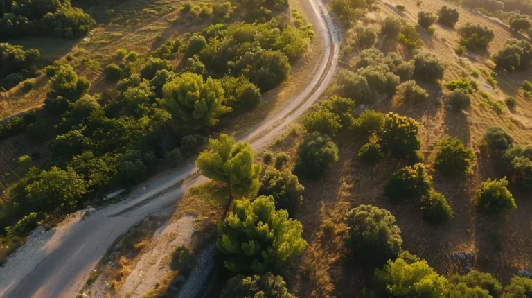 A winding dirt road cuts through a hilly landscape covered with lush green trees and shrubs. The early morning or late afternoon sun casts long shadows, creating a mix of light and shade across the terrain. This tranquil scene could be the highlight of your next adventure, planned seamlessly with an AI travel planner. - easytrip.ai