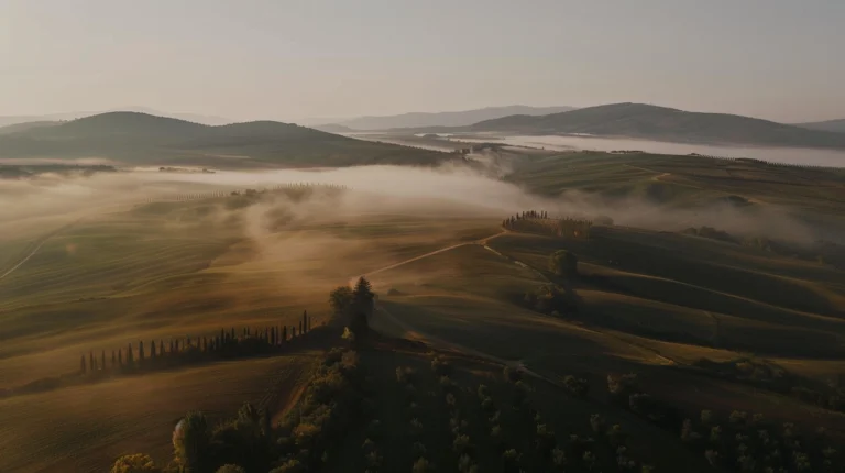 Aerial view of a serene countryside at dawn. Rolling hills are blanketed in mist, with sunlight casting a golden hue on the landscape. The scene features winding paths, scattered trees, and rows of cypress trees. Imagine this picturesque setting curated by an AI travel planner for your next getaway. - easytrip.ai