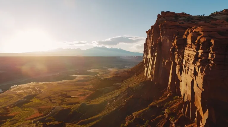 A golden sun sets over a vast, scenic landscape with towering, rugged red rock cliffs on the right. The expansive valley below is a mix of green and brown, featuring winding trails and sparse vegetation. An AI trip planner could perfectly time this visit to capture distant mountains under a partially cloudy sky. - easytrip.ai