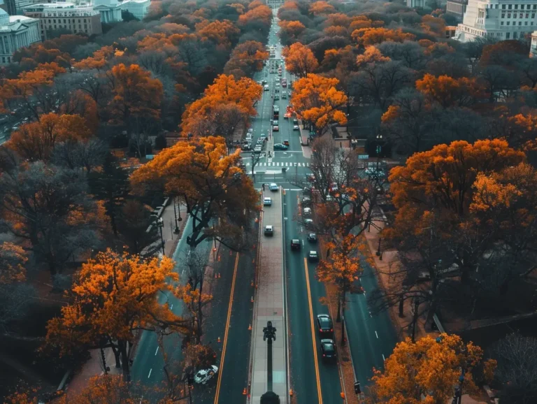 Aerial view of a city street during autumn, lined with trees displaying vibrant orange foliage. Cars are visible on the road, and crosswalks intersect at various points. The buildings in the background are partially obscured by the dense tree canopy, bathed in a warm golden light—perfect for an AI itinerary maker to plan scenic routes. - easytrip.ai