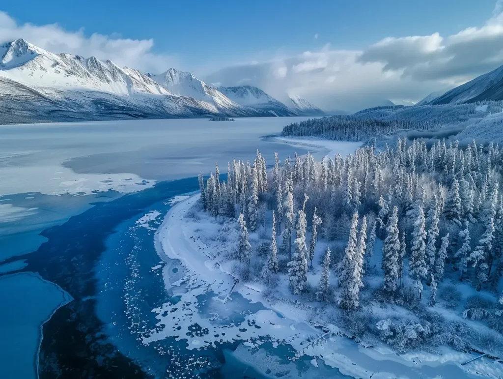 A breathtaking aerial view of a frozen lake surrounded by dense, snow-covered evergreen trees. Majestic, snow-capped mountains stand tall in the background under a partly cloudy sky. The ice on the lake features intriguing patterns, adding texture to this serene winter landscape curated by an AI travel planner. - easytrip.ai