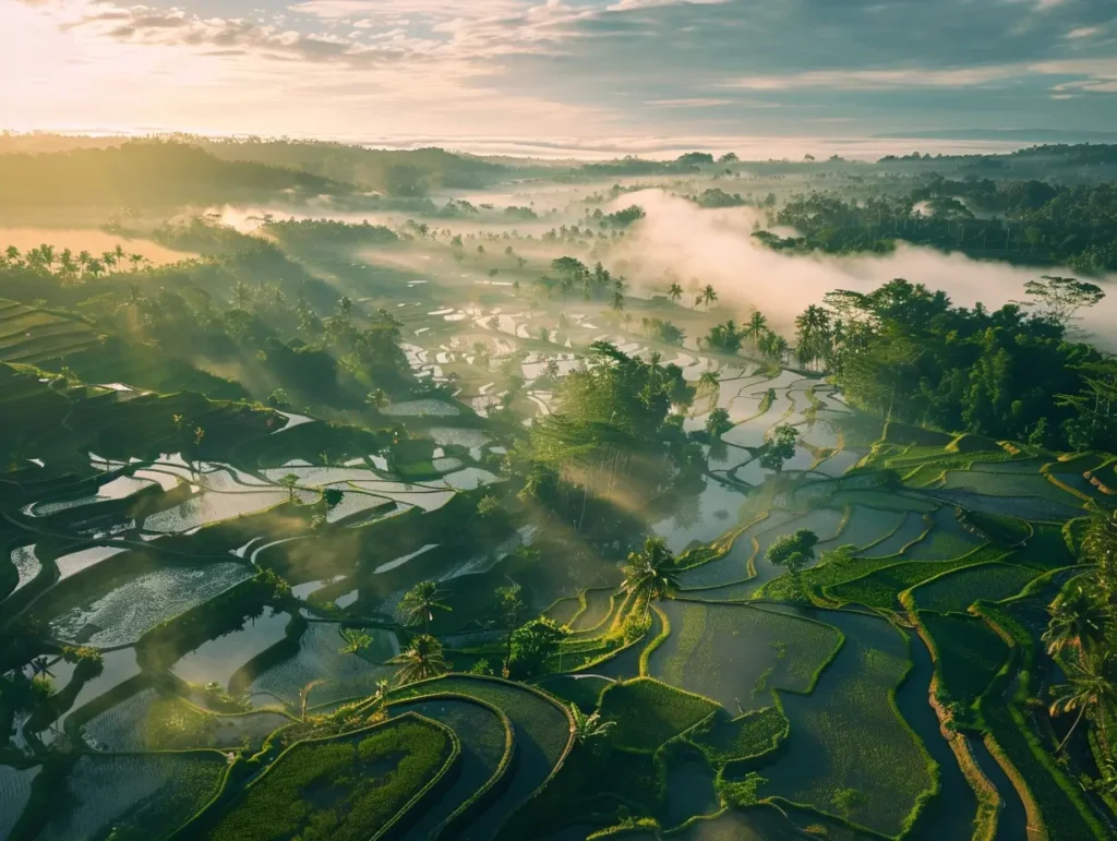 Aerial view of lush, terraced rice fields in a tranquil countryside at dawn. The fields are flooded, reflecting the surrounding landscape and the early morning sunlight. Mist hovers above, with distant trees partially obscured. Soft light filters through clouds, casting a serene glow perfect for your AI travel planner to capture. - easytrip.ai