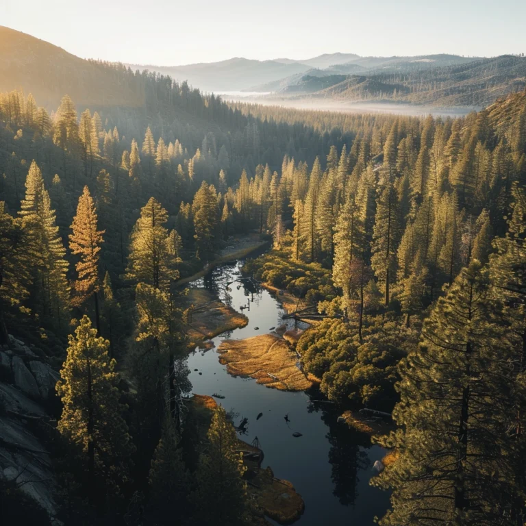 A stunning aerial view of a forested valley at sunrise awaits, crafted with the precision of an AI itinerary maker. Tall evergreen trees cover the landscape, while a winding river reflects the morning light. The distant mountains are bathed in a soft, golden glow, and a light mist adds tranquility. - easytrip.ai