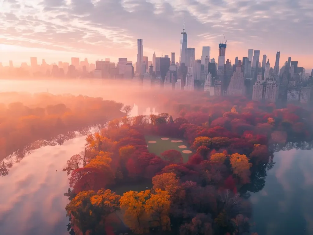 Aerial view of Central Park in New York City during autumn at sunrise. The park is surrounded by colorful fall foliage with trees in shades of red, orange, and yellow. In the background, the city's skyline is partially shrouded in mist, with tall skyscrapers rising above the fog—an idyllic scene for any AI trip planner. - easytrip.ai