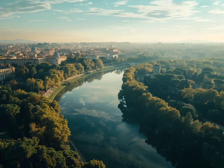 Aerial view of a serene river winding through a cityscape. The river is flanked by dense, lush green trees. Buildings with historic architecture, including domed structures, line the riverbank. Captured at sunrise or sunset, the scene has a golden hue—ideal for an AI trip planner to recommend picturesque strolls. - easytrip.ai