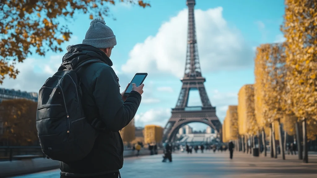 A person wearing a beanie and backpack stands on a tree-lined pathway, gazing at their smartphone, possibly using an AI travel planner. In the background, the Eiffel Tower rises against a clear blue sky. The autumn leaves on the trees add a golden hue to the scene. - easytrip.ai