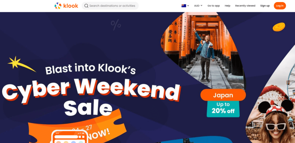 Klook homepage displaying a Cyber Weekend Sale promotion. Text in bold colors reads "Blast into Klook’s Cyber Weekend Sale" with dates "Nov 24-27" in a circle. Images include a person posing in a torii gate corridor and a smiling person wearing mouse ears. Discounts of up to 20% off in Japan are highlighted. Powered by Easytrip.ai - AI Trip Planner.