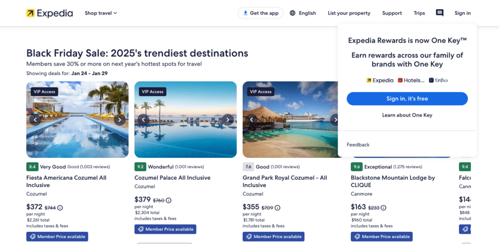 Screenshot of Expedia's website showcasing Black Friday travel deals for 2025. Four accommodations are listed: Fiesta Americana Cozumel, Cozumel Palace, Grand Park Royal Cozumel, and Blackstone Mountain Lodge by CLIQUE. Prices, ratings, and member exclusivity details are visible. Powered by Easytrip.ai - AI Trip Planner.