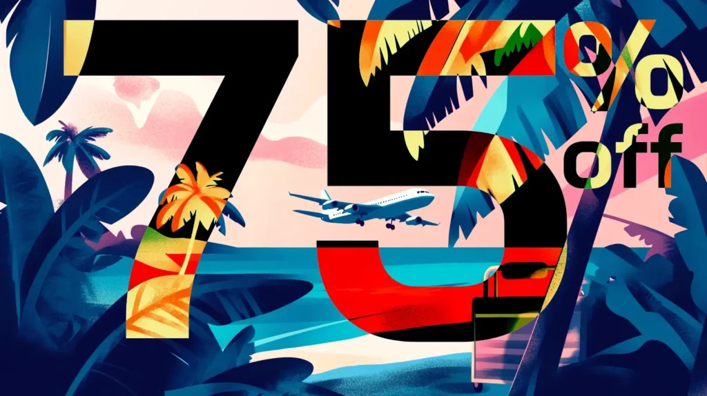 A vibrant tropical scene with a large "75% off" text, indicating the super deals 75% discount for Black Friday 2024. The background features a beach with palm trees, an ocean, and a plane flying overhead. The numbers are filled with colorful illustrations, including foliage and a sunset. A staircase leads down to the beach on the right. Powered by Easytrip.ai - AI Trip Planner.