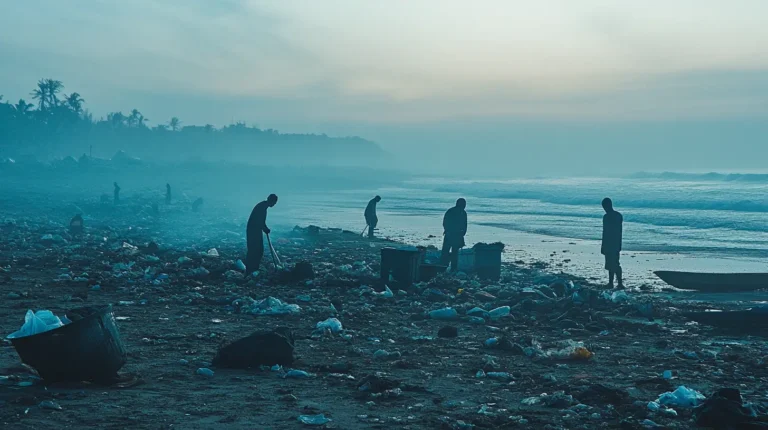 Silhouetted people clean up litter on a foggy beach at dawn. The shoreline is scattered with trash, while waves crash gently. The sky has a soft gradient from blue to peach as the sun rises, with distant trees visible through the mist. Powered by Easytrip.ai - AI Trip Planner.
