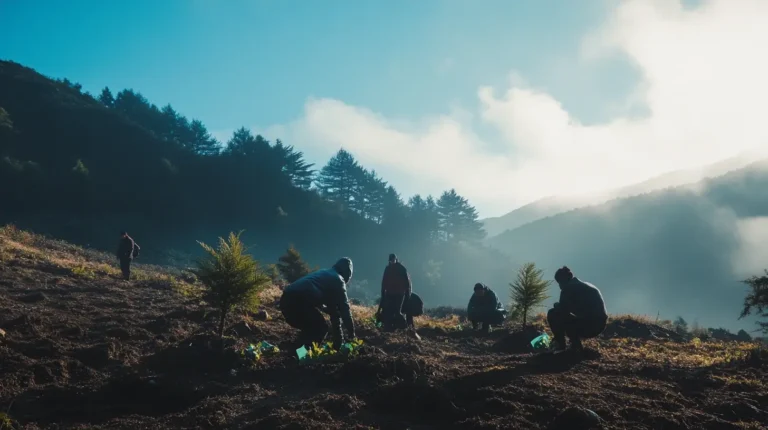A group of people planting small trees on a hillside at dawn. The sky is clear with a few clouds, and sunlight casts long shadows. Pine trees and mountains are visible in the background, creating a serene and hopeful atmosphere. Powered by Easytrip.ai - AI Trip Planner.