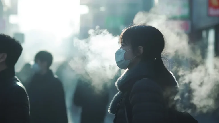 A person wearing a mask and warm clothing is walking in a foggy or misty urban setting. Their breath is visible in the cold air. The background shows indistinct figures and blurred cityscape elements, creating a wintry atmosphere. Powered by Easytrip.ai - AI Trip Planner.