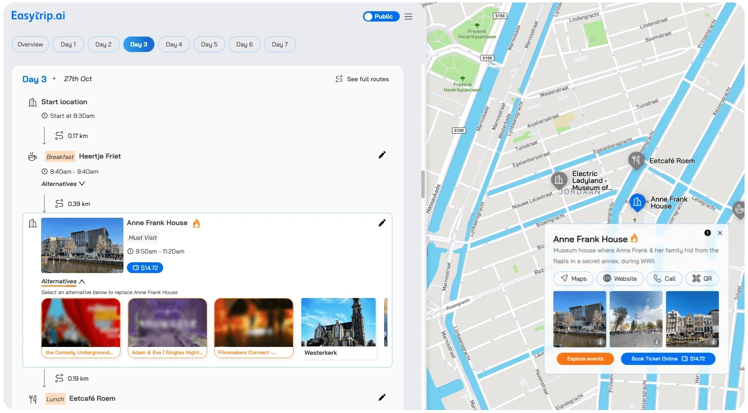 Screenshot of Easytrip.ai travel planner showing Day 3 itinerary. Left: event list with times and locations like Anne Frank House. Right: map highlighting route and selected site details. Options include "Get Transfer" and "Book Tickets." There are alternative attractions listed below. Powered by Easytrip.ai - AI Trip Planner.