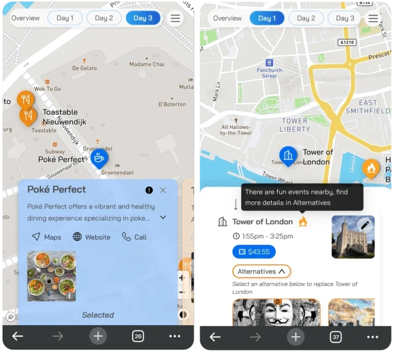 Split screen showing two maps. Left: Map of Amsterdam with Poké Perfect details, offering vibrant dining with images of food. Right: Map of London highlighting the Tower of London with a suggestion to view fun nearby events and an alternative image below. Powered by Easytrip.ai - AI Trip Planner.